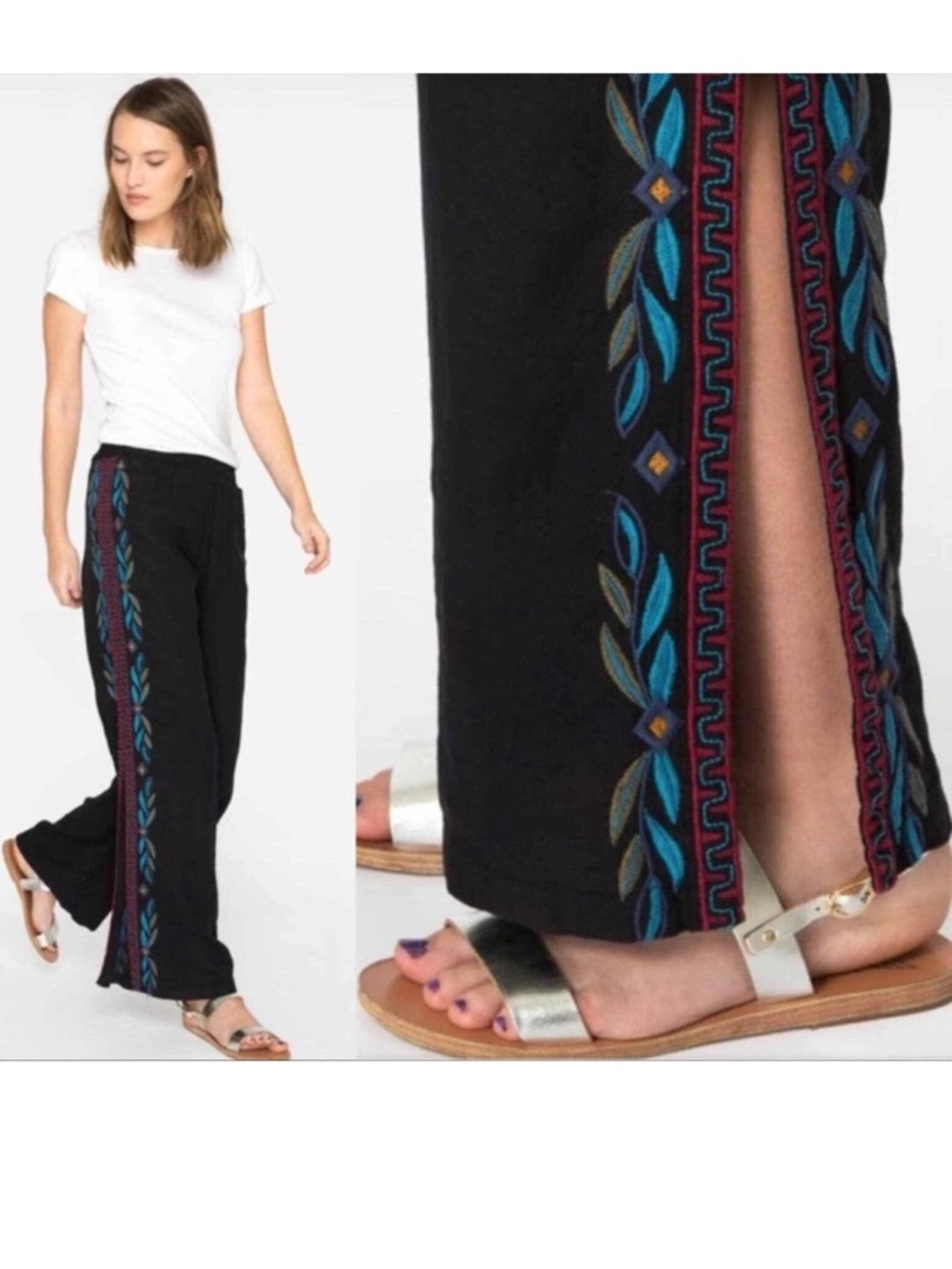 JOHNNY WAS IZAMAL Embroidered Side Linen Pants Size Medium